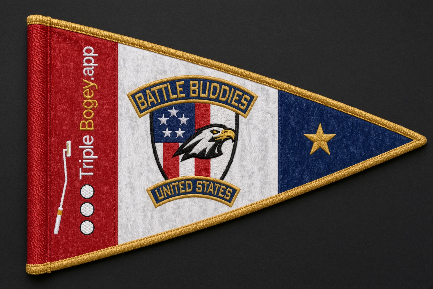 Flat embroidery spec of the triangular pin flag, red white and navy.